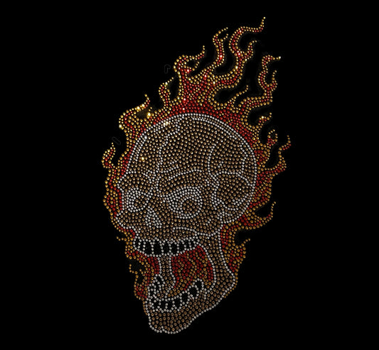 Flaming Skull Iron on Rhinestone Heat transfer Applique patch by Rhinestop