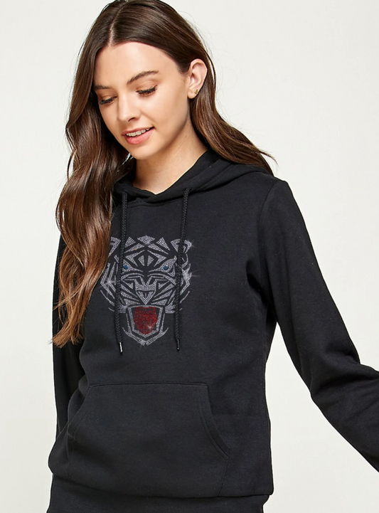 Unique sweatshirts crystal tiger rhinestone hoodie , bling tiger applique hoodie , custom Tiger design hoodie , rhinestone tiger hoodie