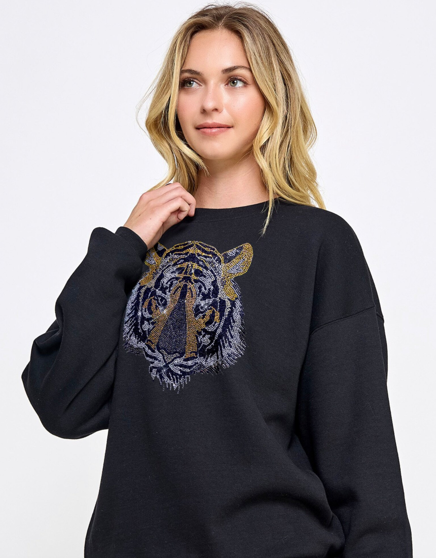 Tiger crystals black sweatshirt , Tiger black sweater design , Tiger applique rhinestone sweatshirt, black sweatshirt Tiger design