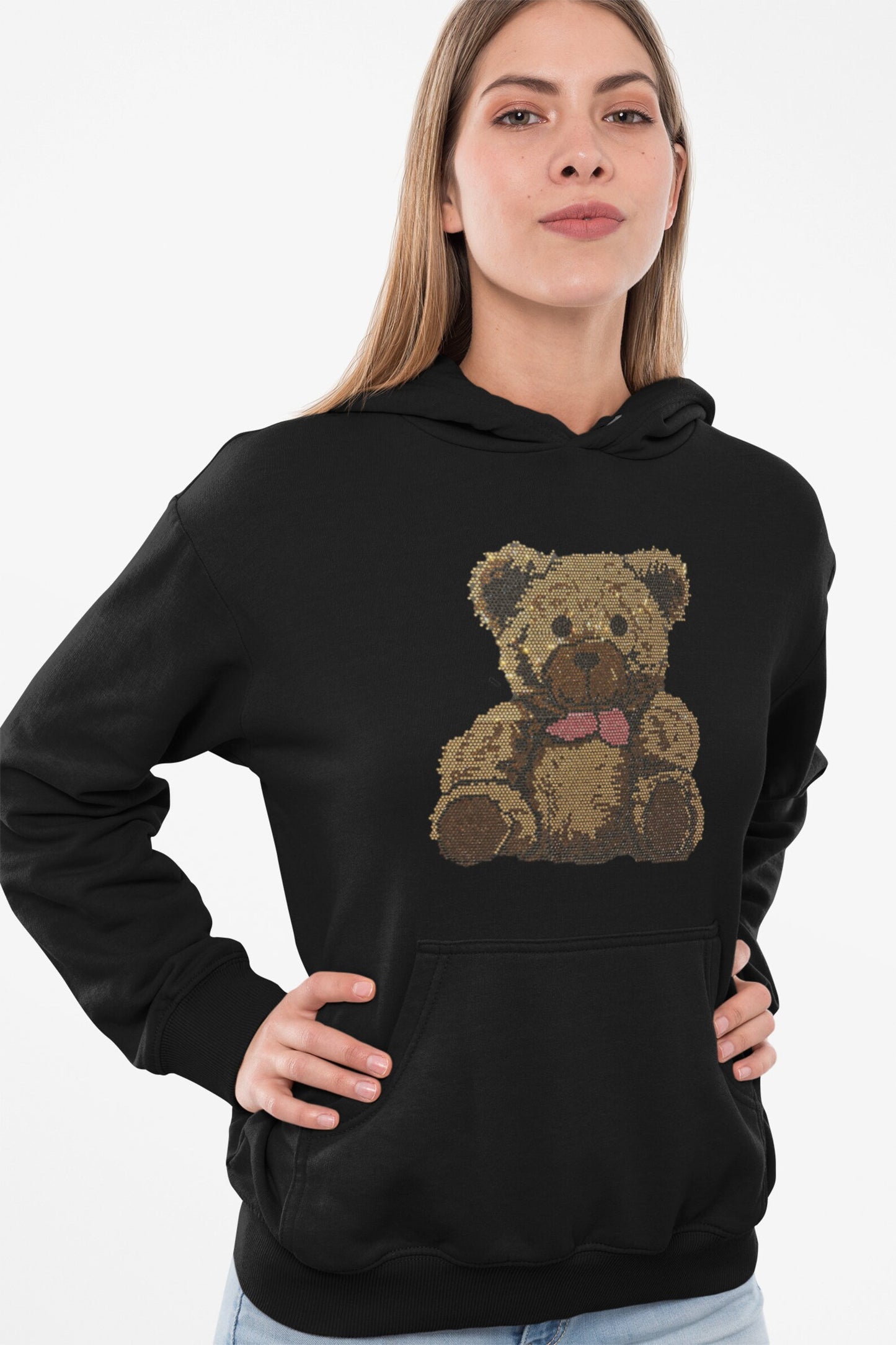 Teddy bear black hoodie , rhinestone hoodies , bling bling sweatshirts , cute teddy bear hoodie clothing , crystal rhinestone sweatshirt