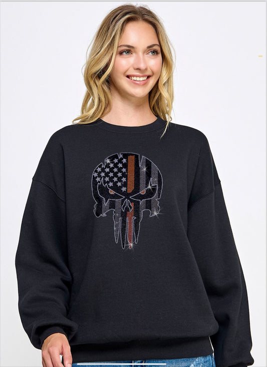 Skull Design Unique sweatshirts , bling skull Applique sweatshirt, rhinestone Graphic print hoodies with skull , rhinestone hoodie