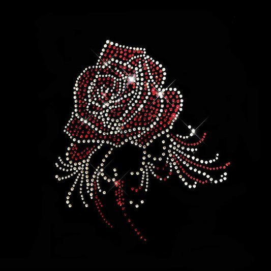 Single Red Rose its about 4 by 4 with clear and Red rhinestones , hot fix, custom iron on decals, iron on rhinestones, rose transfer