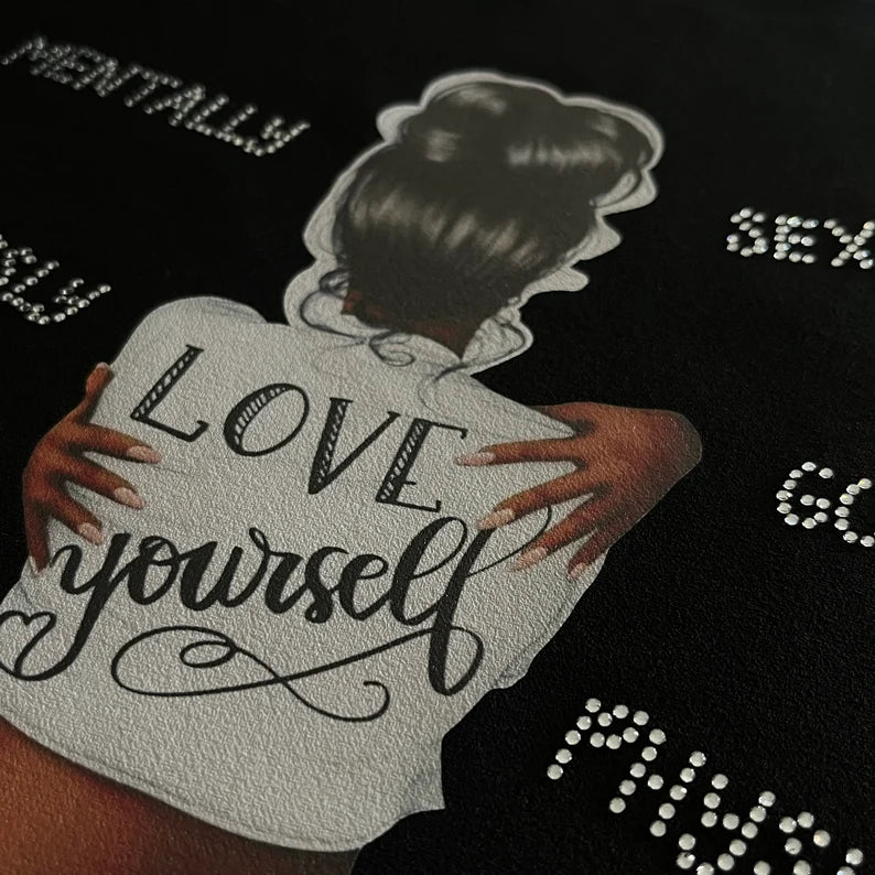 Love yourself rhinestone glitter decal , heat transfer girl with love patch , hot fix vinyl transfer , press machine diy decals