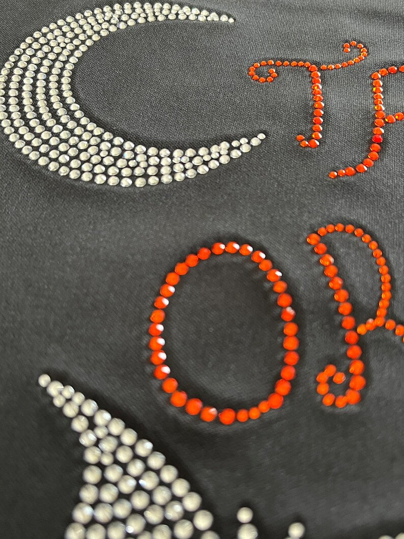 Trick or treat design for Halloween costume, rhinestone iron on design for holidays , hot fix crystal applique , rhinestone transfer