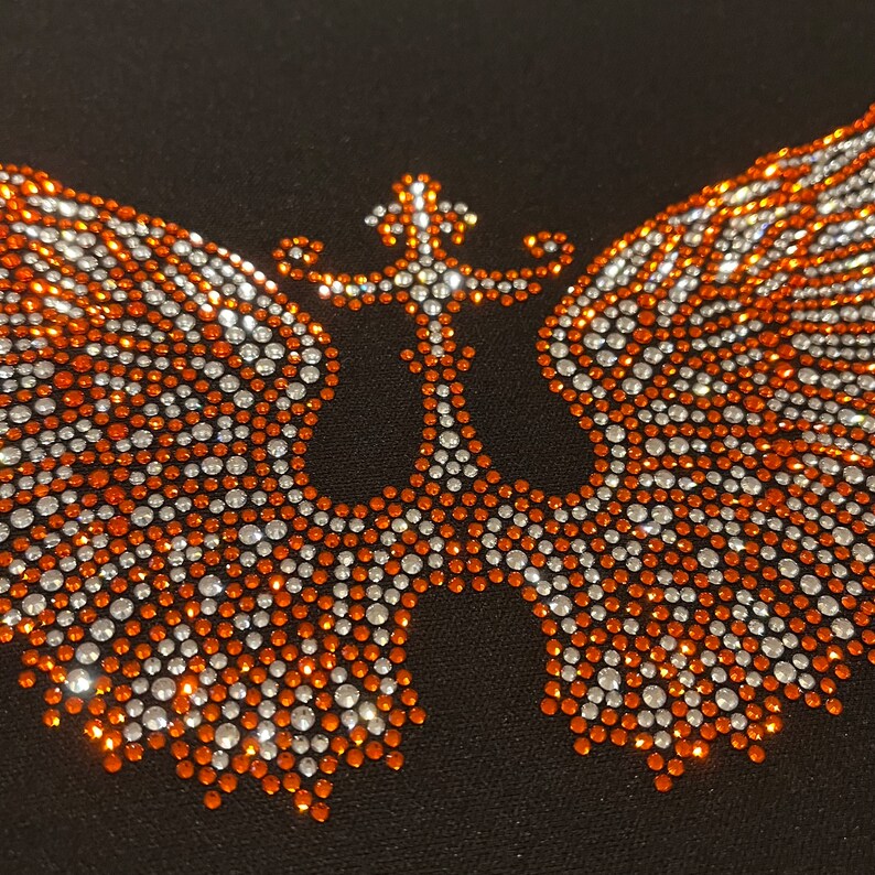 Iron on orange cross wing ,rhinestone heat transfer , cross with wings ,iron on orange rhinestone cross with wings , hot fix crystal cross