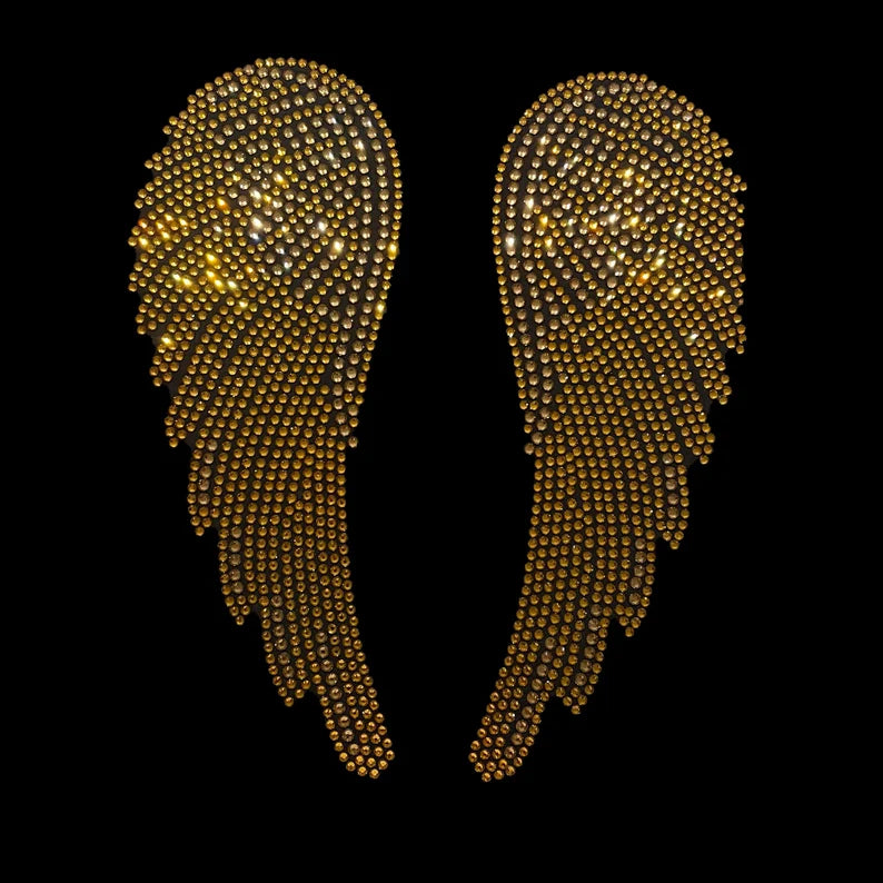 Gold Angel wing design , rhinestone gold angel wings ,heat transfer Gold angel wings for shirts , wings for angels , hot fix iron on