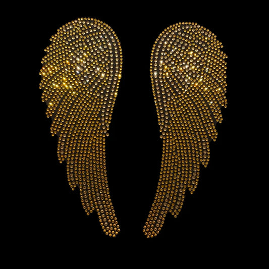 Gold Angel wing design , rhinestone gold angel wings ,heat transfer Gold angel wings for shirts , wings for angels , hot fix iron on