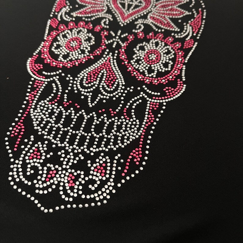 Pink sugar skull bedazzle design rhinestone craft hot fix rhinestone sugar skull applique diy heat transfer decals for clothes