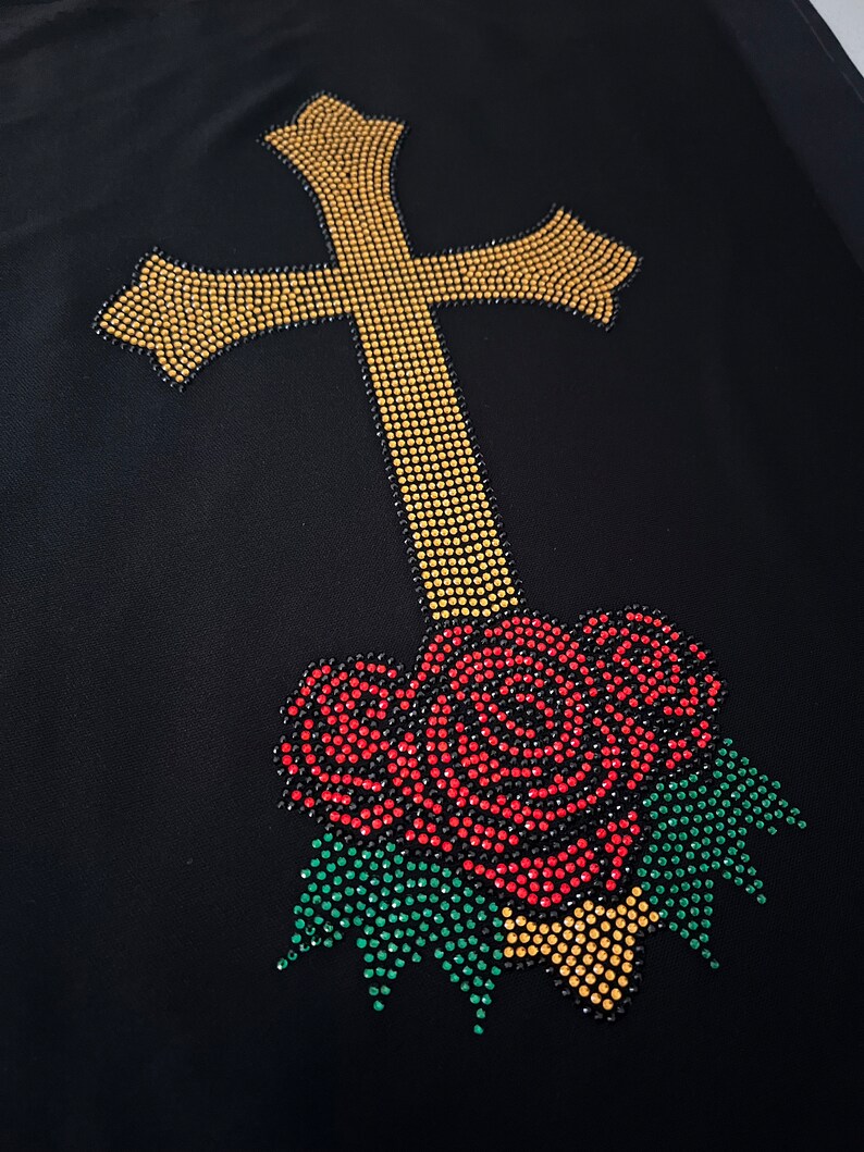 Gold cross with roses iron on design , heat transfer gold cross rose patches , iron on cross rose decal , rhinestone cross rose applique