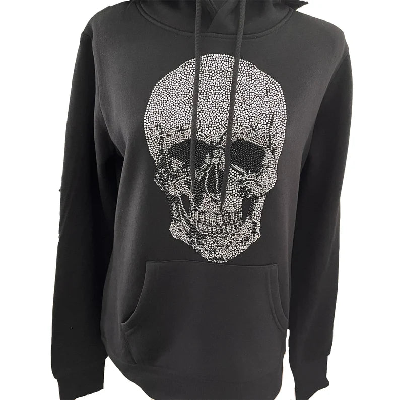 Skull rhinestone transfer hoodie , crystal skull design sweater , skeleton black hoodie , rhinestone skull applique pull over ,