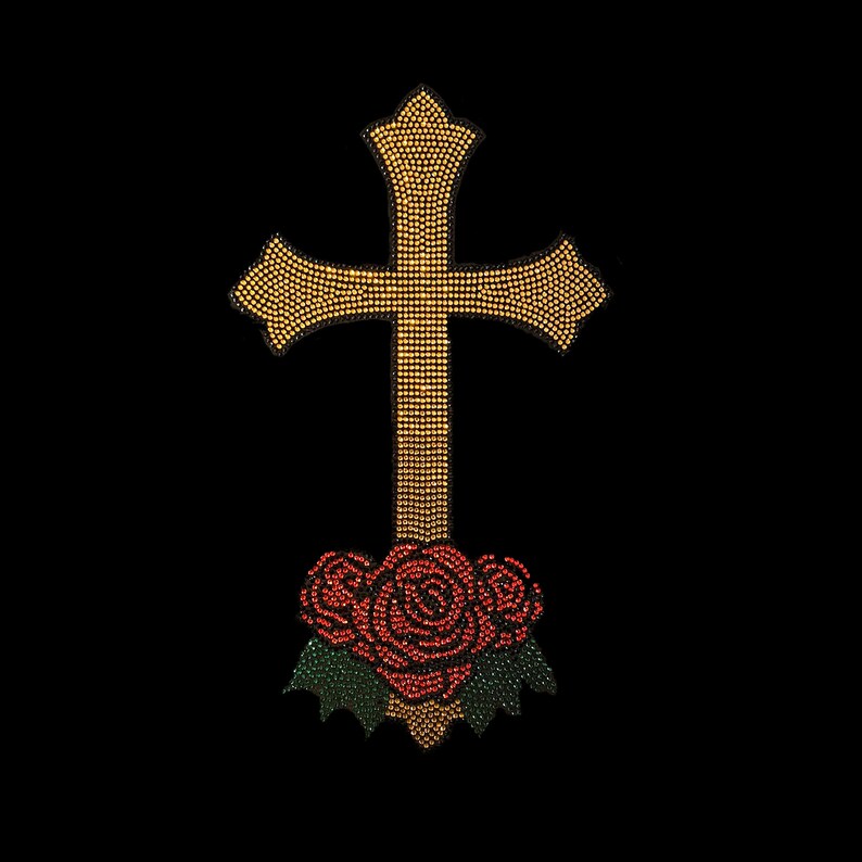 Gold cross with roses iron on design , heat transfer gold cross rose patches , iron on cross rose decal , rhinestone cross rose applique