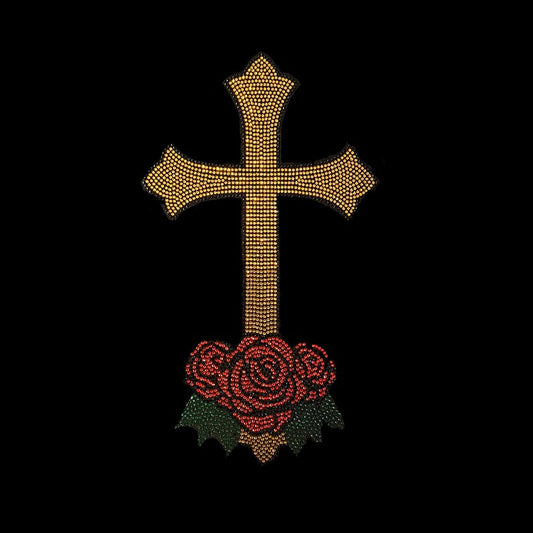Gold cross with roses iron on design , heat transfer gold cross rose patches , iron on cross rose decal , rhinestone cross rose applique