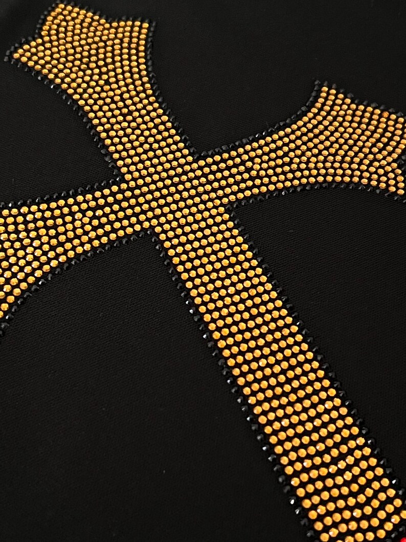 Gold cross with roses iron on design , heat transfer gold cross rose patches , iron on cross rose decal , rhinestone cross rose applique