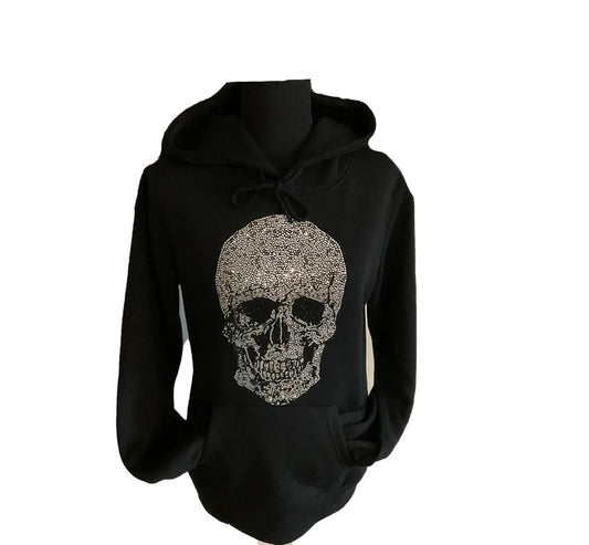 Skull rhinestone transfer hoodie , crystal skull design sweater , skeleton black hoodie , rhinestone skull applique pull over ,