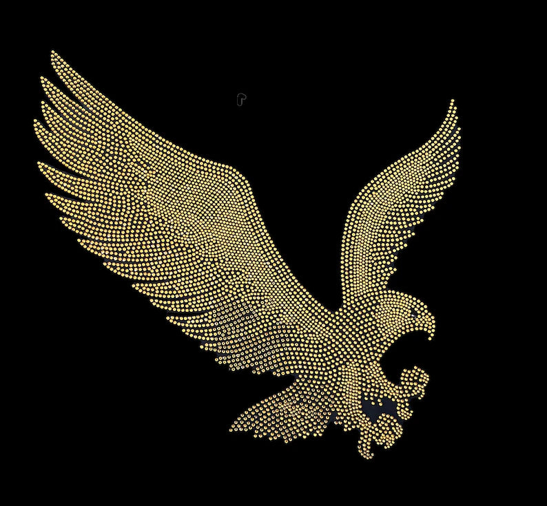 Gold eagle rhinestones, gold eagle heat transfer design , iron on eagle design , rhinestone hot fix eagles , rhinestones eagles patch