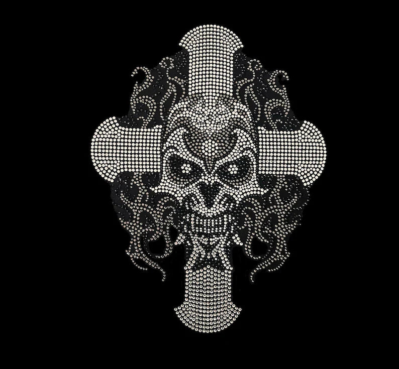 Skull cross iron on rhinestone design , hot fix skull cross applique , heat transfer skull cross patches , rhinestone cross skull transfer