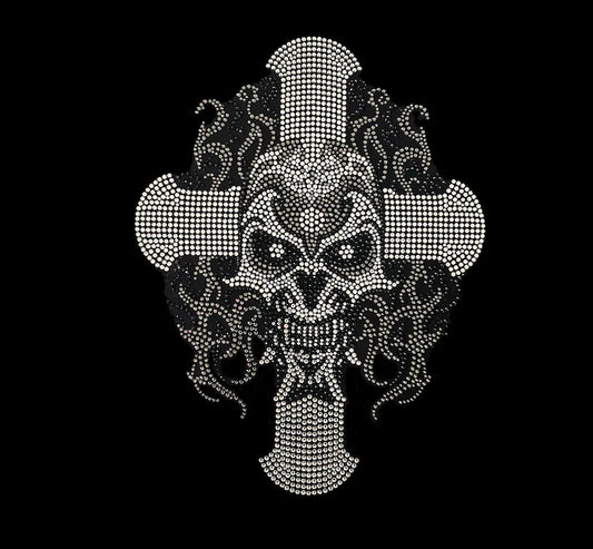 Skull cross iron on rhinestone design , hot fix skull cross applique , heat transfer skull cross patches , rhinestone cross skull transfer