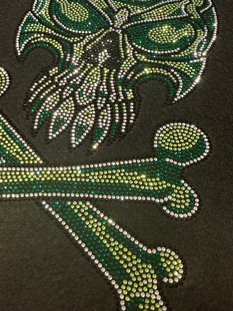 Skull design iron on patches , rhinestone skeleton applique , hot fix green skull with cross bones , heat transfer bedazzle skull design