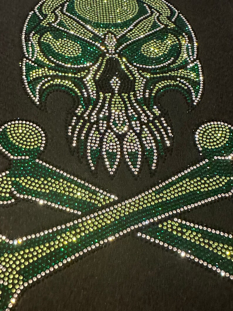 Skull design iron on patches , rhinestone skeleton applique , hot fix green skull with cross bones , heat transfer bedazzle skull design