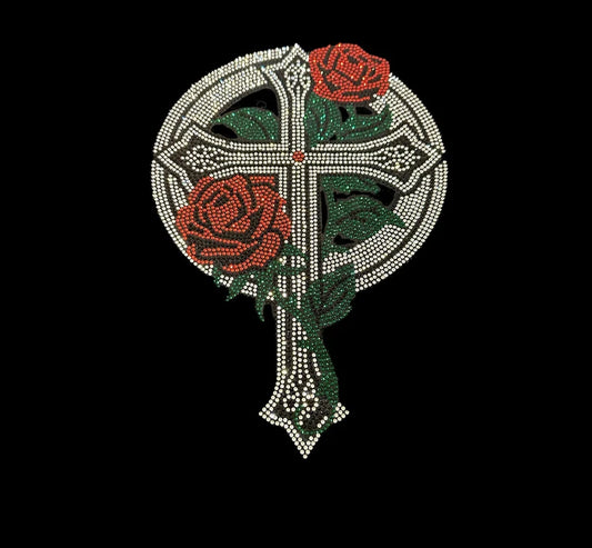 Rose Cross Iron on Heat Transfer Bling Rhinestone Patch Design By Rhinestop