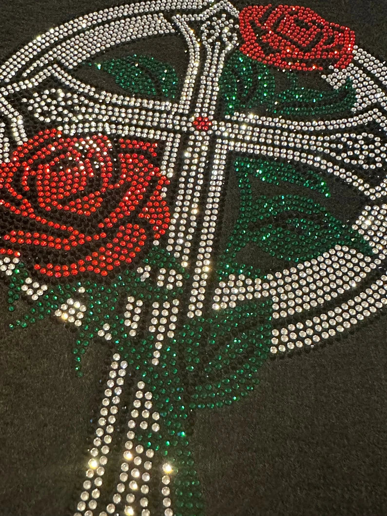 Rose Cross Iron on Heat Transfer Bling Rhinestone Patch Design By Rhinestop