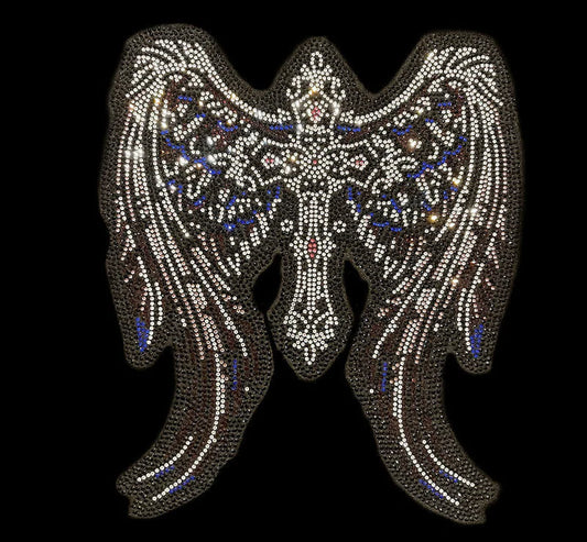 Cross with angel wings iron on heat transfer rhinestone patch design by Rhinestop