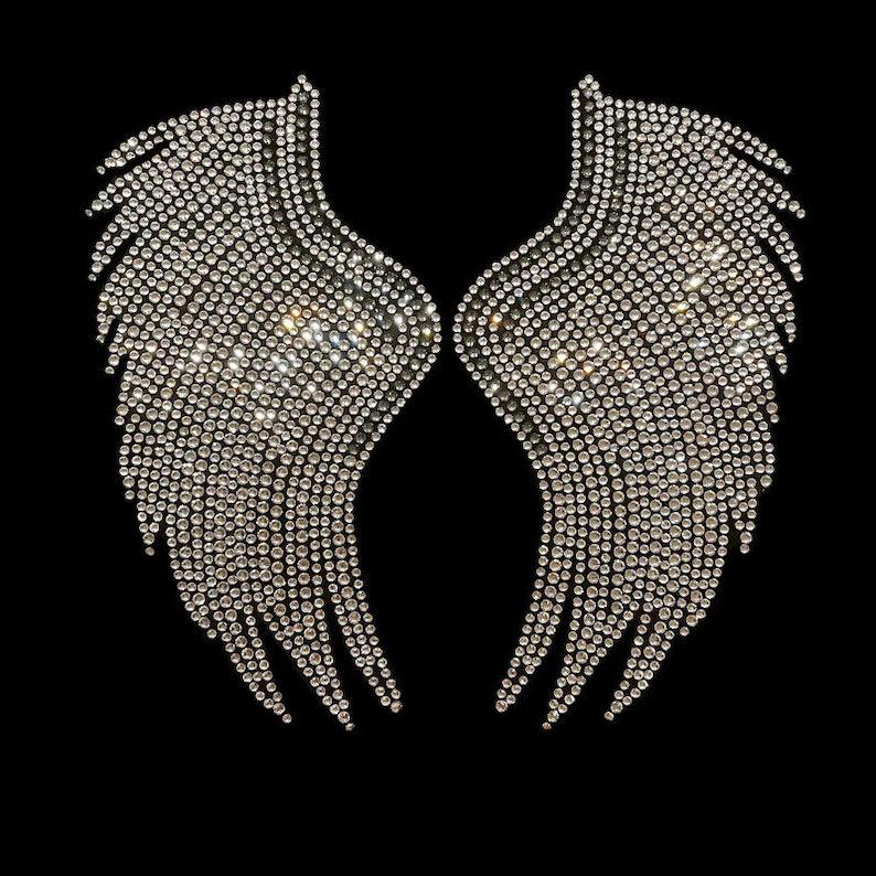 Rhinestone Elegant angel wings , rhinestone angel wings , iron on angel wing transfer , Dazzling Apparel designs , DIY Sparkle Embellishment