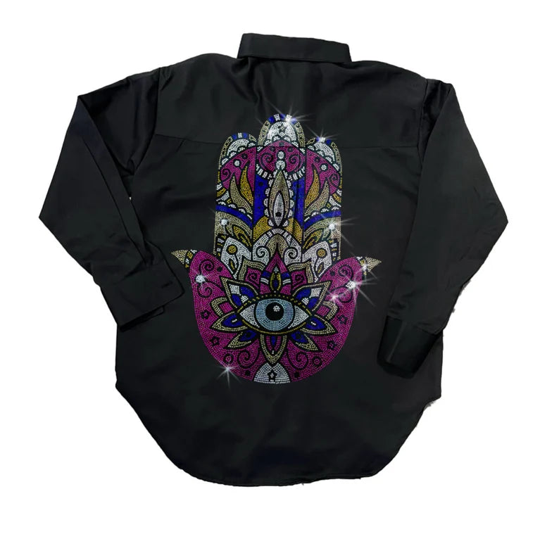 Rhinestone Fatima's hand design black shirt