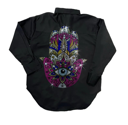 Rhinestone Fatima's hand design black shirt
