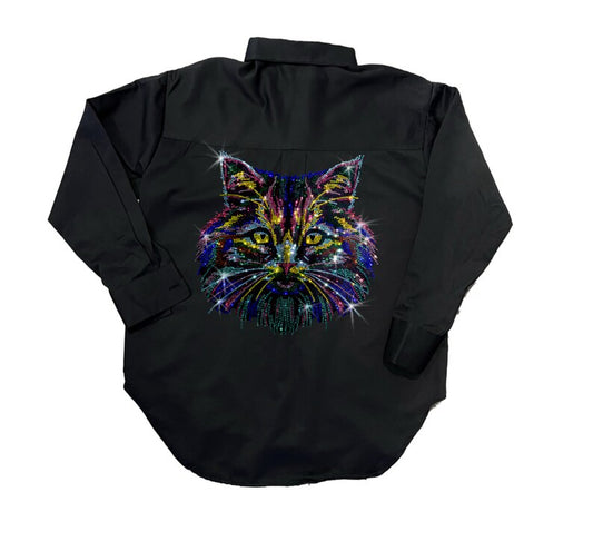 Rhinestone cat design shirt , bling shirt