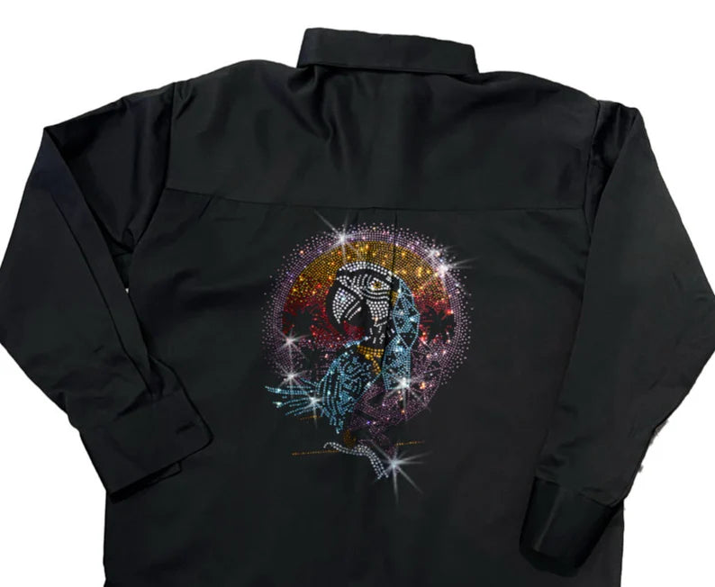 Rhinestone parrot design shirt , bling shirt , rhinestone fashion , sparkle style ,