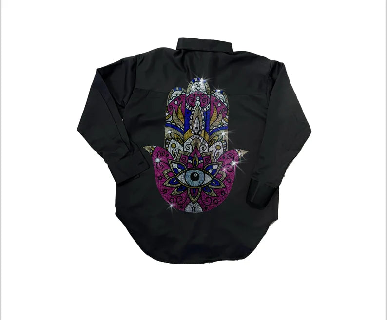 Rhinestone Fatima's hand design black shirt