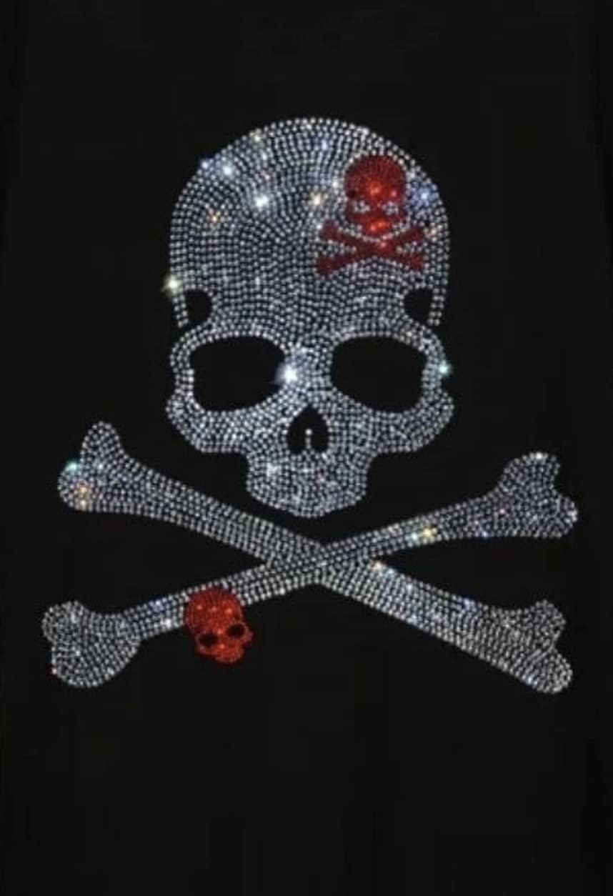 Crossbones Skull with Red Skull Iron on Ab Crystal Rhinestone Design