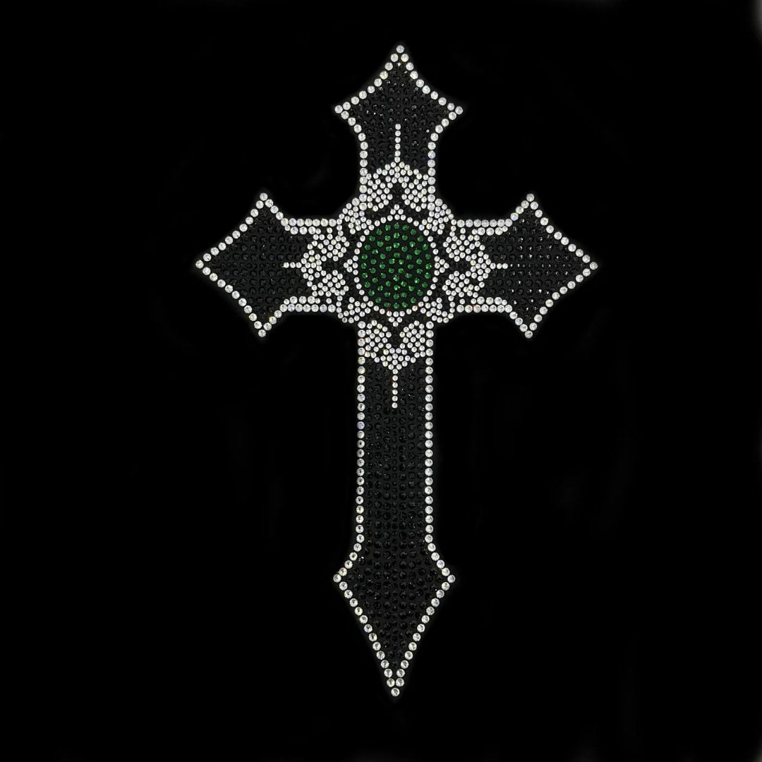 Black Emerald Rhinestone Cross Iron on Transfer Design