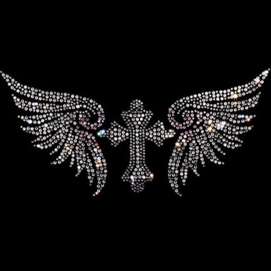 Rhinestop Cross with Wings Rhinestone Heat Transfer Design