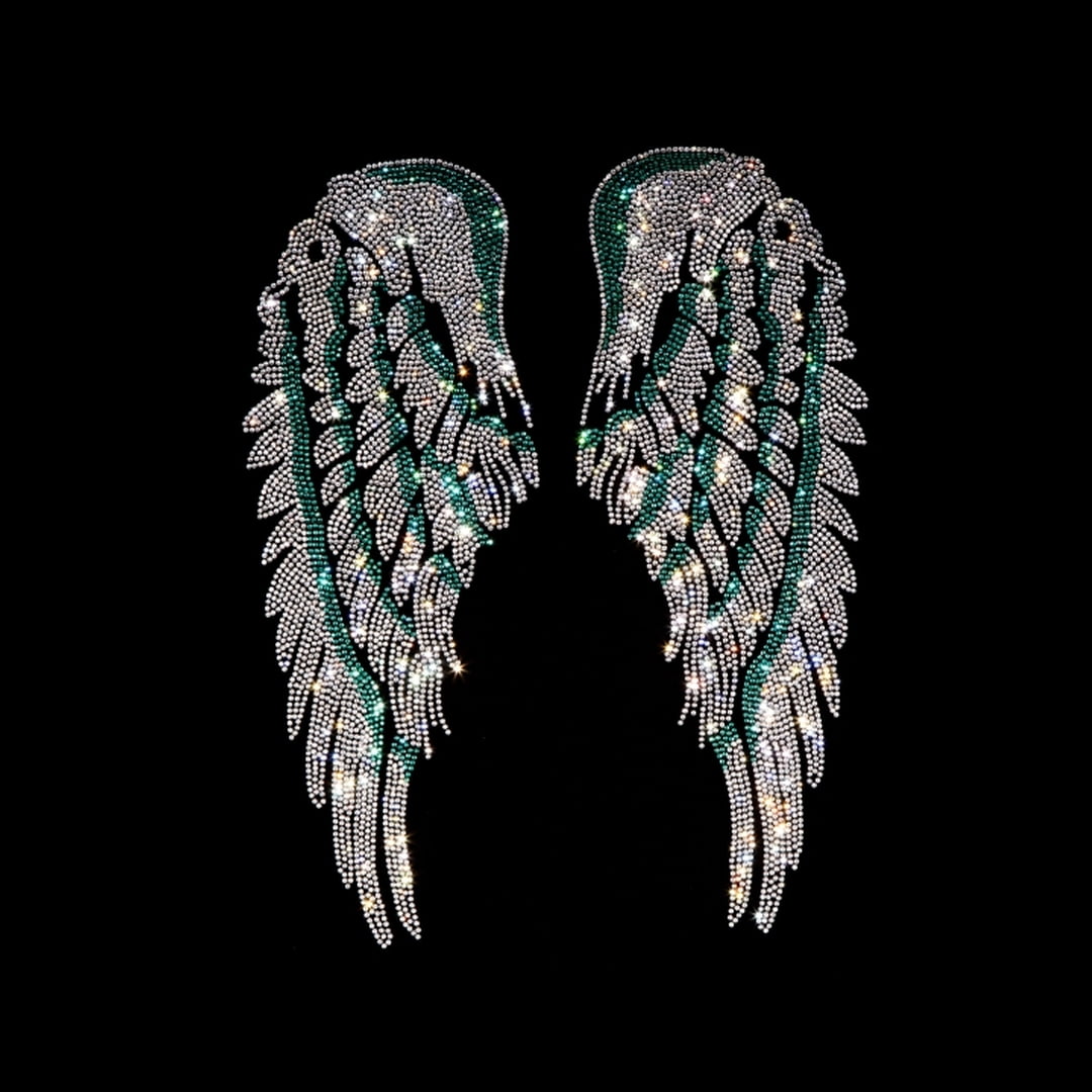 Green Stripes Angel Wings Iron on Rhinestone Transfer Design By Rhinestop