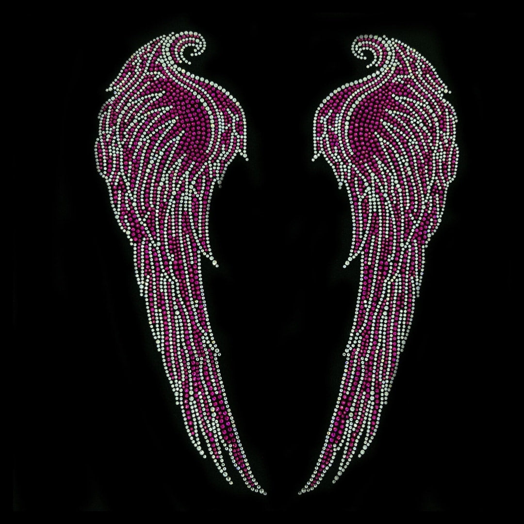 Rhinestop Pink Long Angel Wings Iron on Rhinestone Design