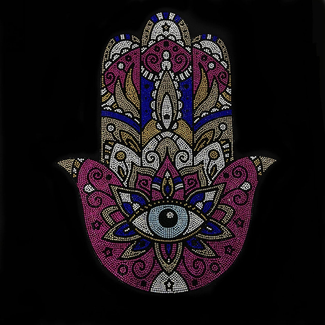 Pink Hamsa Hand Rhinestone Heat Transfer Iron on Hot fix Bling Patch Applique Design By Rhinestop