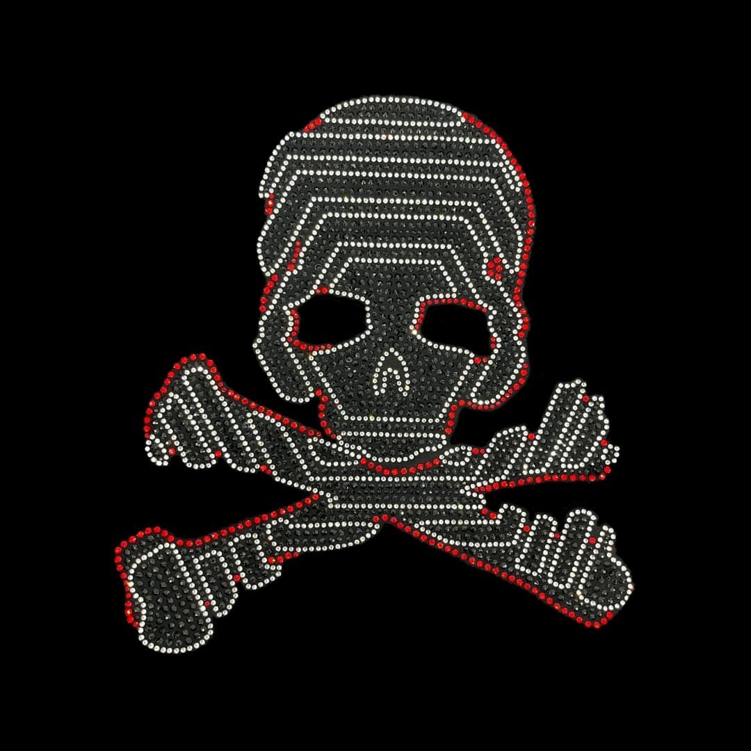 Rhinestop Red Outlined Crossbones Skull Iron on Rhinestone Design