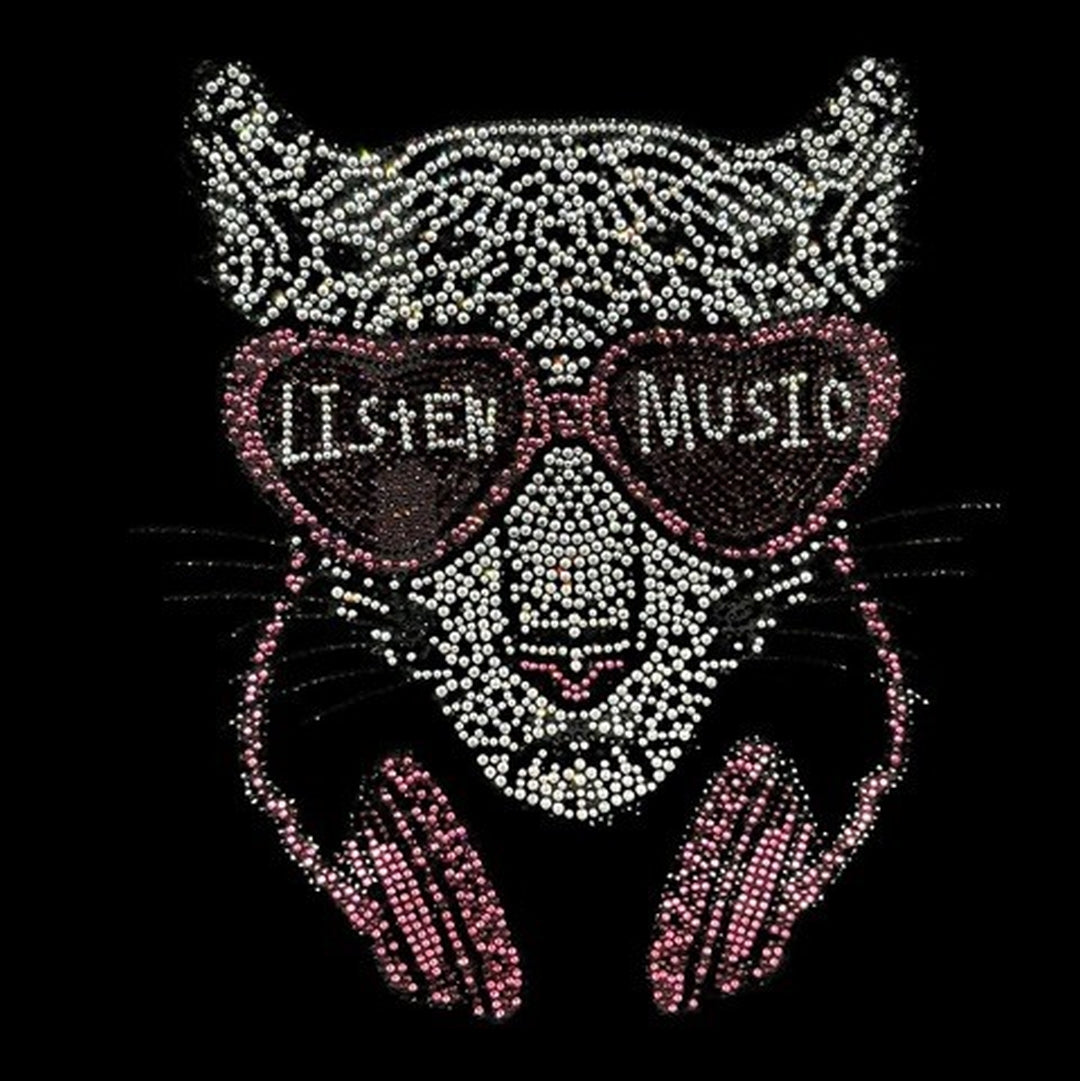 Tiger With Headphones Rhinestone Iron On Heat Transfer Design