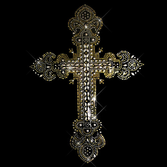 Rhinestop Gold Cross Rhinestone Iron On Heat Transfer