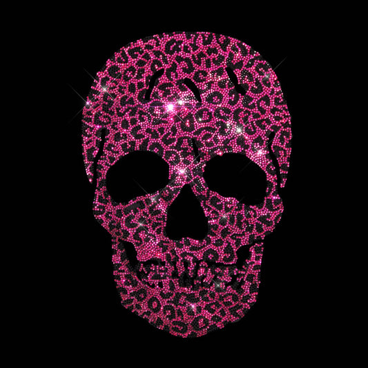 Rhinestop Pink Leopard Skull Rhinestone Iron On Heat Transfer