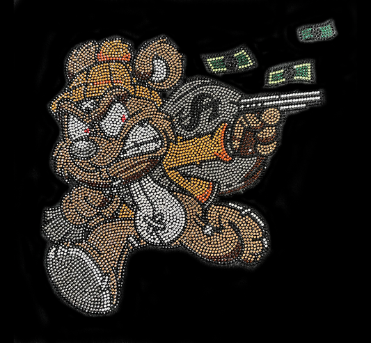 Teddy Bear Running with Money Iron On Rhinestone Design