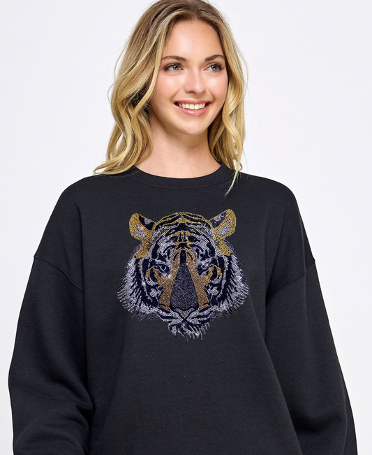 Tiger crystals black sweatshirt , Tiger black sweater design , Tiger applique rhinestone sweatshirt, black sweatshirt Tiger design