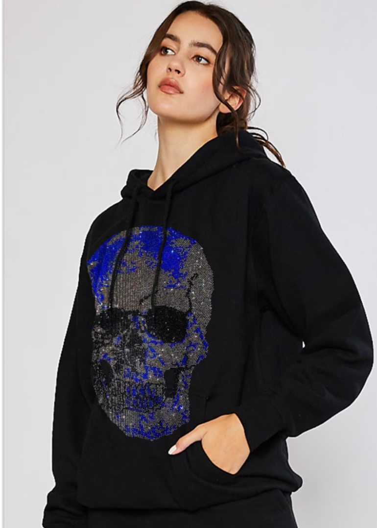 Blue skull crystal hoodie , sweatshirt with blue skull , custom sweatshirt blue skeleton , blue skull black sweatshirt, bedazzle hoodie