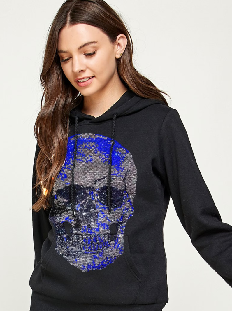 Blue skull crystal hoodie , sweatshirt with blue skull , custom sweatshirt blue skeleton , blue skull black sweatshirt, bedazzle hoodie