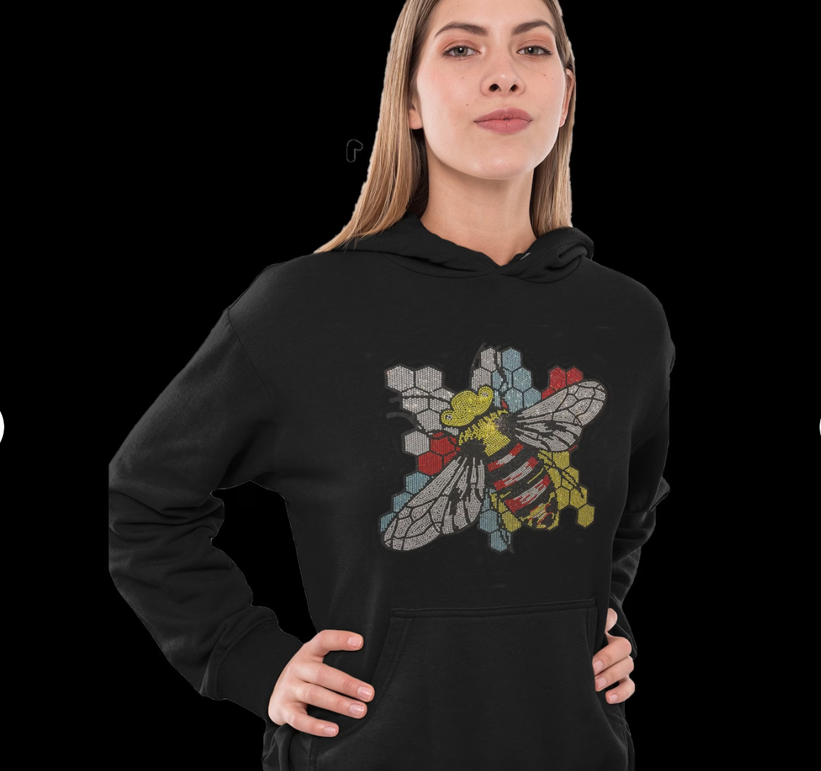 Bee crystal hoodie , rhinestone black hoodie , bling bling sweatshirts , hoodie with bee design , bee applique hoodie