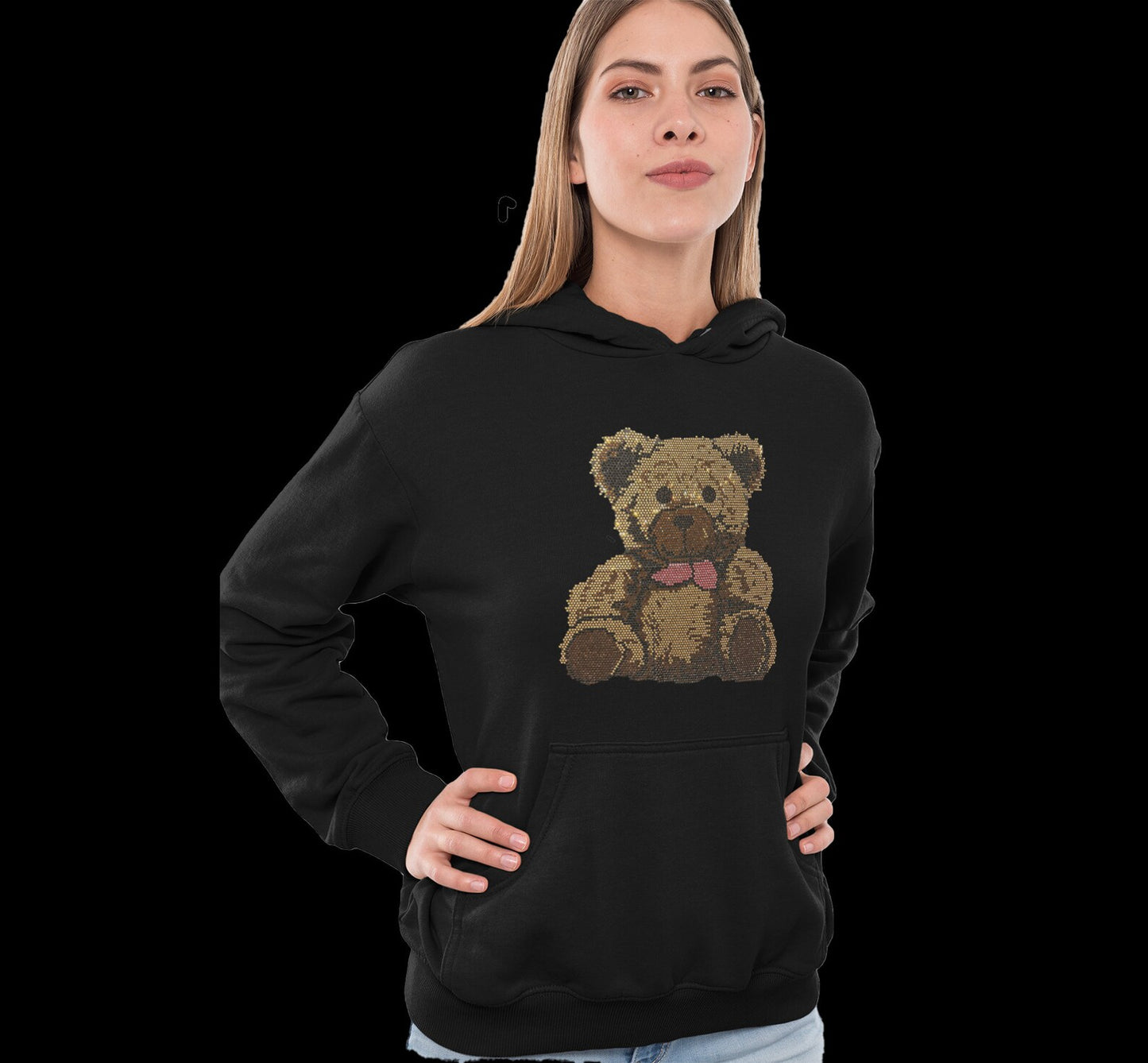 Teddy bear black hoodie , rhinestone hoodies , bling bling sweatshirts , cute teddy bear hoodie clothing , crystal rhinestone sweatshirt
