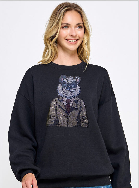 Cool Bear rhinestone sweatshirt, black sweatshirt with teddy bear , bling sweatshirt, rhinestone sweatshirt teddy bear