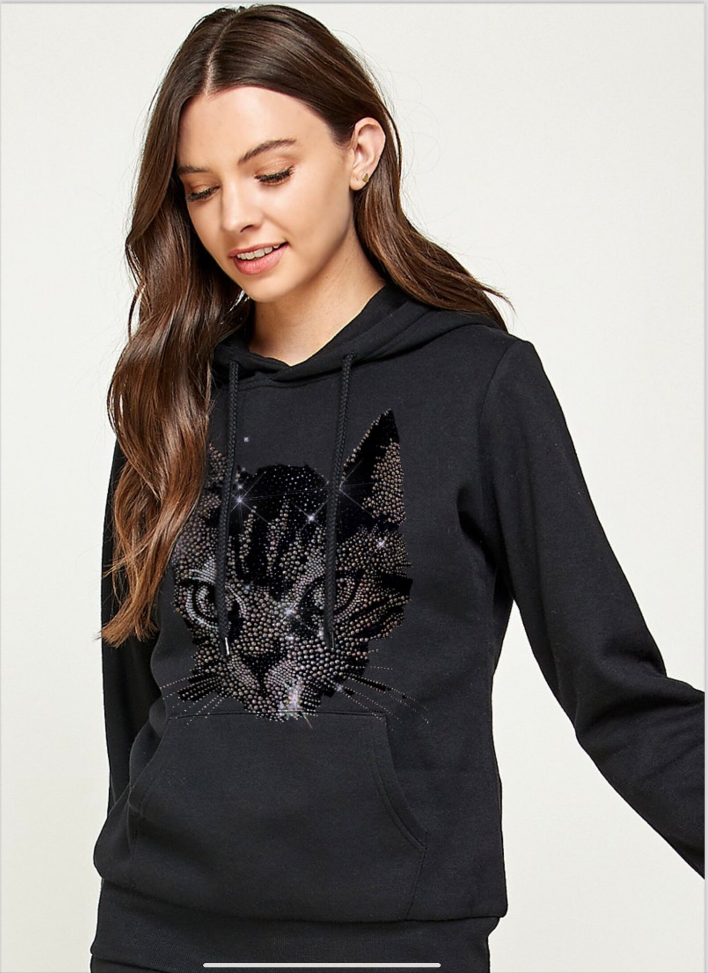 Cat rhinestone applique hoodie , black hoodie with cat decal , rhinestone cat sweatshirt , bling cat hoodie